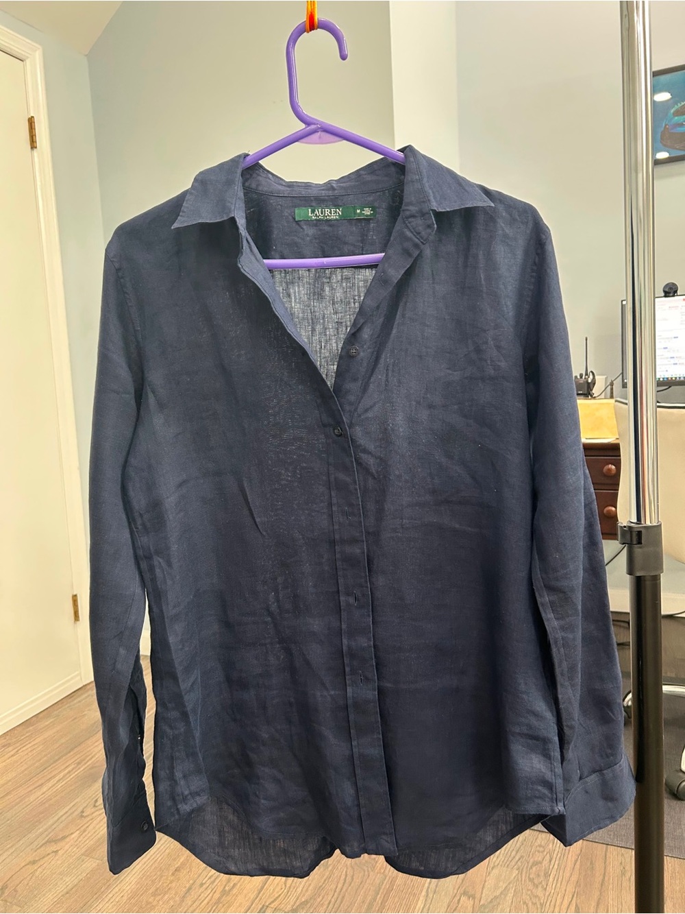 Ralph Lauren Navy Blue Linen Button-Down Shirt - women